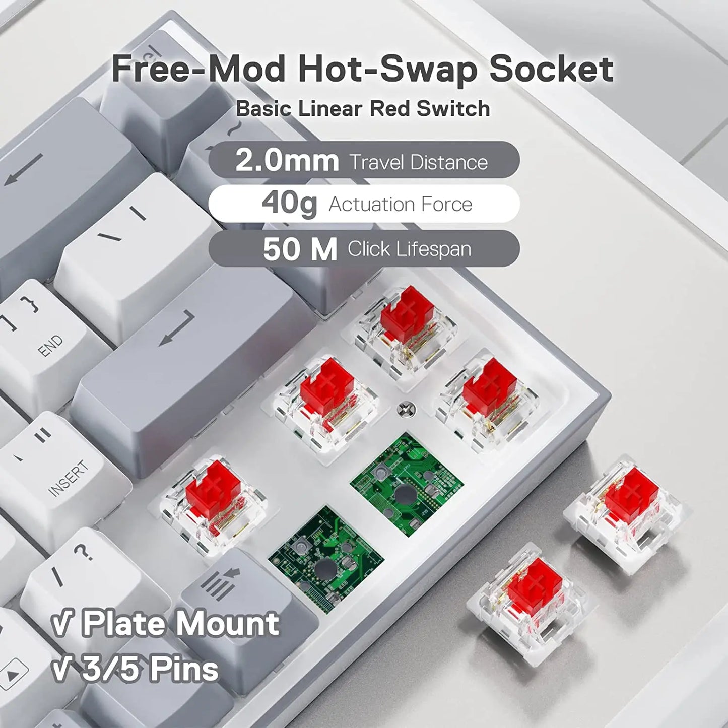 Redragon K631 Gery 65% Wired RGB Gaming Keyboard, 68 Keys Hot-Swappable Compact Mechanical Keyboard