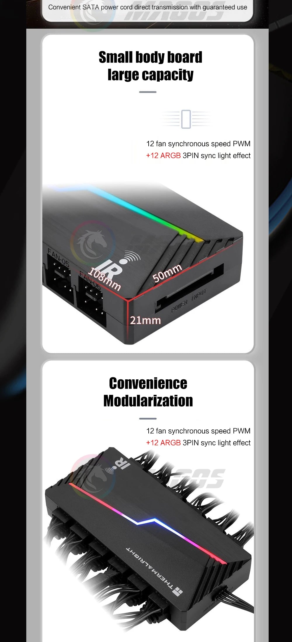 Thermalright ARGB and FAN HUB X12 IR Black, 3Pin ARGB +4Pin PWM 2 In 1 Temperature Control with Remote Control