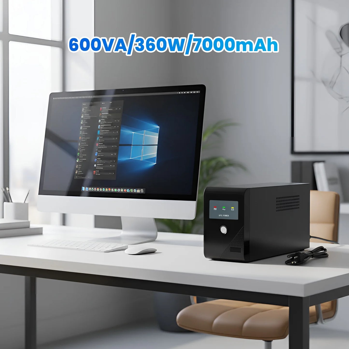 Backup UPS Power Supply 600VA 360W Battery Backup Power Surge Protector Sine Wave with 3 Outlets  for Home and Office