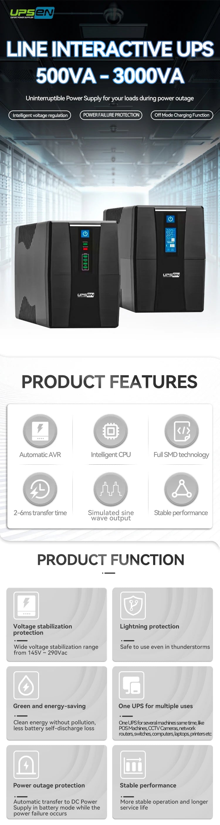 1000VA 220V Offline Uninterruptible Power Supply Smart UPS Battery Backup For Computer Server PC Surge Protector