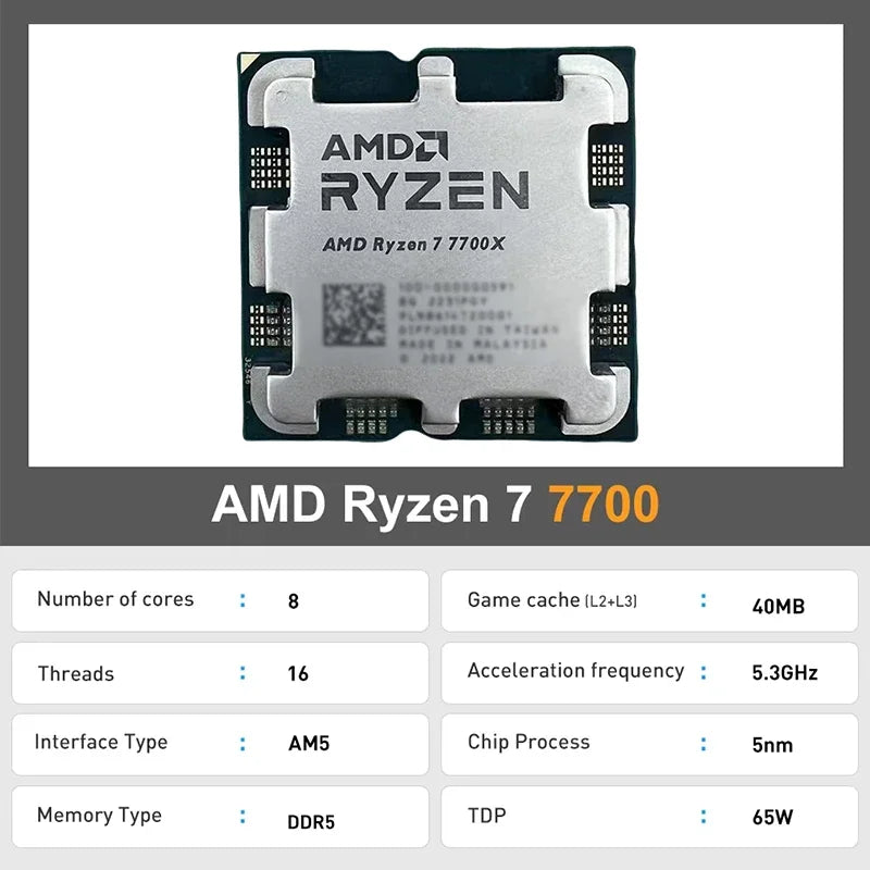 AMD Ryzen 7 7700 R7 7700 CPU 8-Core 16-Thread 5.3GHz Unlocked Desktop Processor Socket AM5 Gaming CPU Without Package Loose Pie