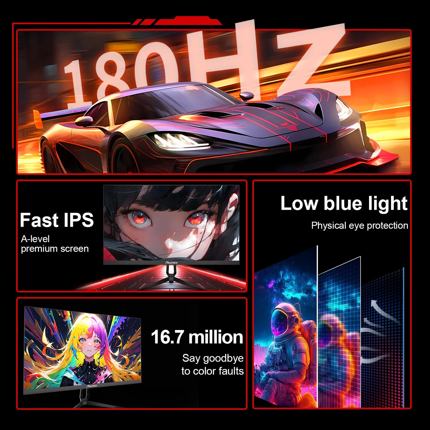 Reletech Monitor 23.8Inch 180Hz Gaming Monitor 1080P FastIPS G-Sync/FreeSync HDR Support VESA Wall Mount Low Blue Light