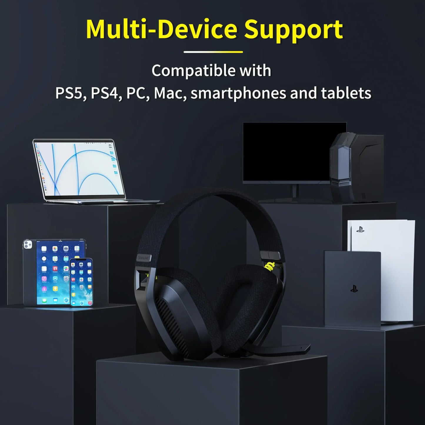 BINNUNE BW06 2.4GHz Wireless Gaming Headset with Mic for PS5 PS4 PC Mac Playstation Bluetooth Gaming Headset with Microphone