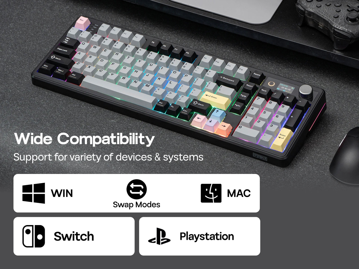 EPOMAKER TH99 PRO 96% ANSI US Layout Gasket-Mounted Wired/BT/2.4Ghz Wireless Mechanical Gaming Keyboard with Screen & Knob