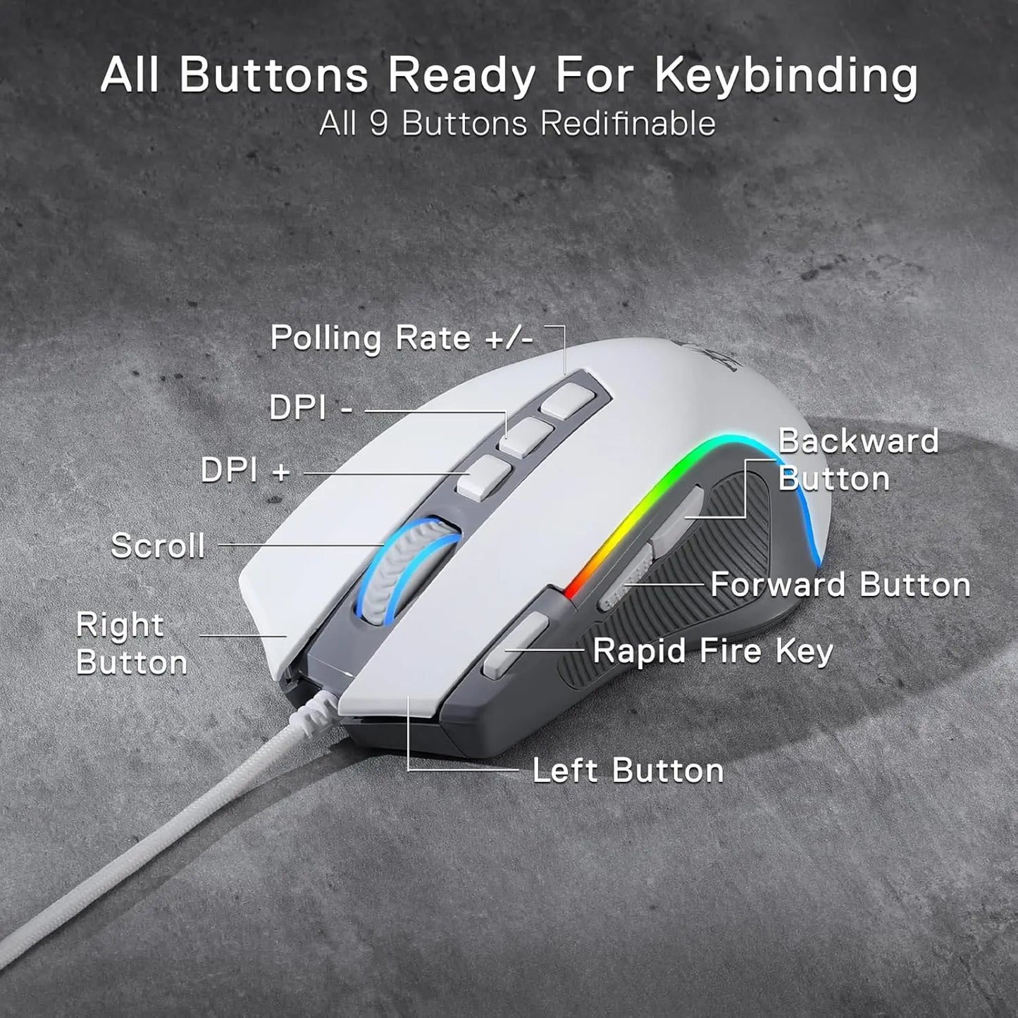 Redragon M612 RGB Gaming 8000 DPI Wired Optical Gamer Mouse 9 Programmable Buttons & 5 Backlit Modes