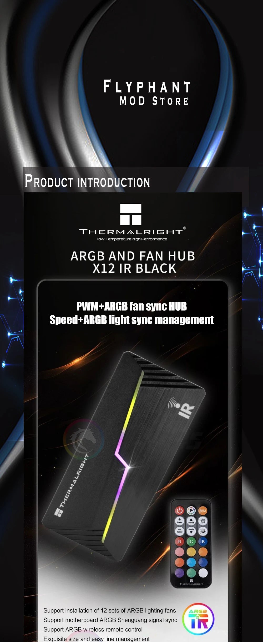 Thermalright ARGB and FAN HUB X12 IR Black, 3Pin ARGB +4Pin PWM 2 In 1 Temperature Control with Remote Control