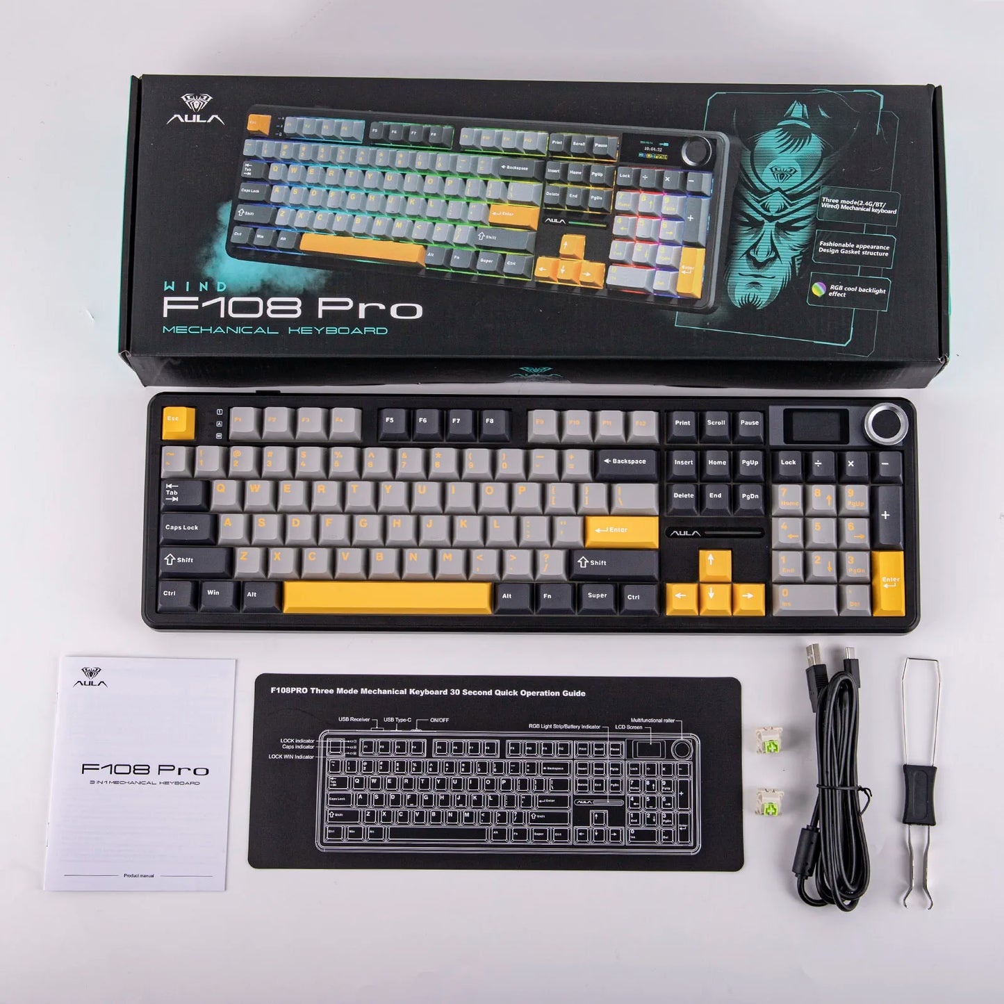 EPOMAKER X AULA F108 PRO Full Size 100% ANSI Layout Hot Swap Wired/2.4GHz/Bluetooth Wireless Mechanical Keyboard RGB Backlight