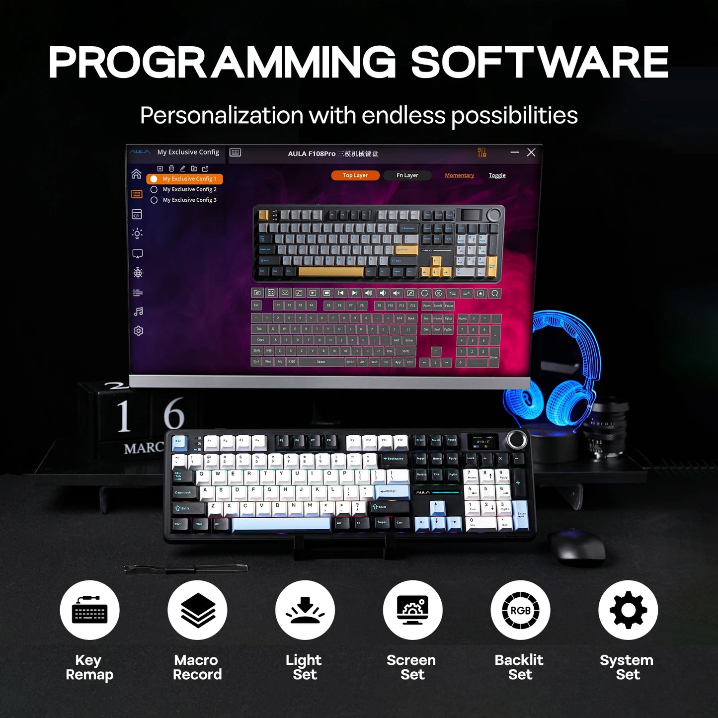 EPOMAKER X AULA F108 PRO Full Size 100% ANSI Layout Hot Swap Wired/2.4GHz/Bluetooth Wireless Mechanical Keyboard RGB Backlight