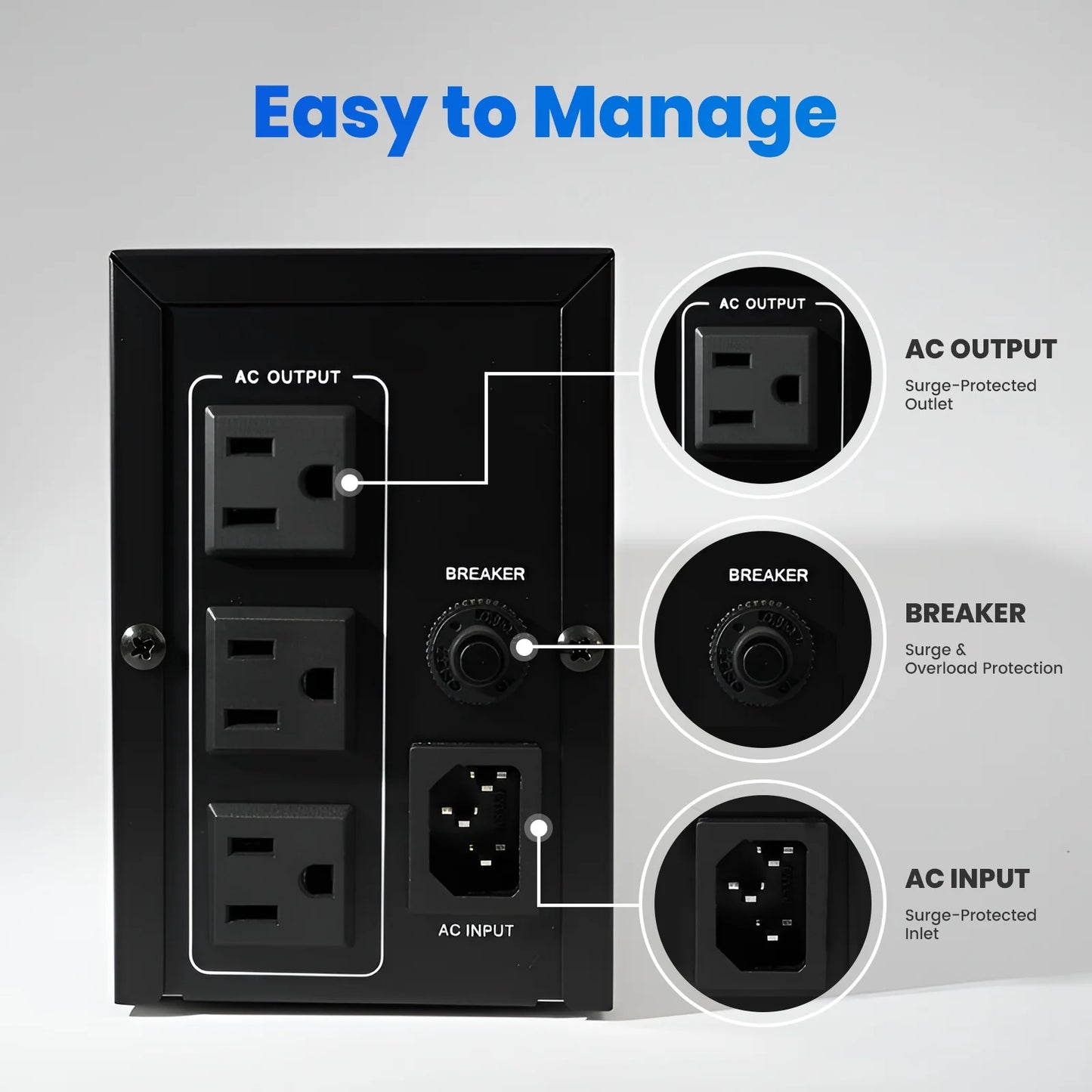 Backup UPS Power Supply 600VA 360W Battery Backup Power Surge Protector Sine Wave with 3 Outlets  for Home and Office