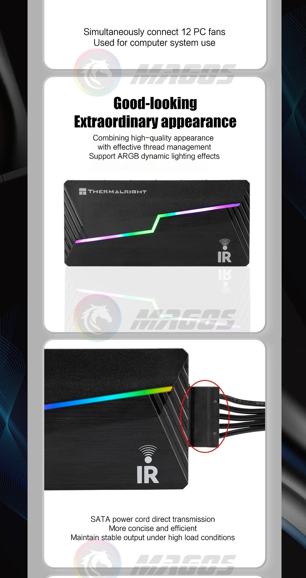Thermalright ARGB and FAN HUB X12 IR Black, 3Pin ARGB +4Pin PWM 2 In 1 Temperature Control with Remote Control