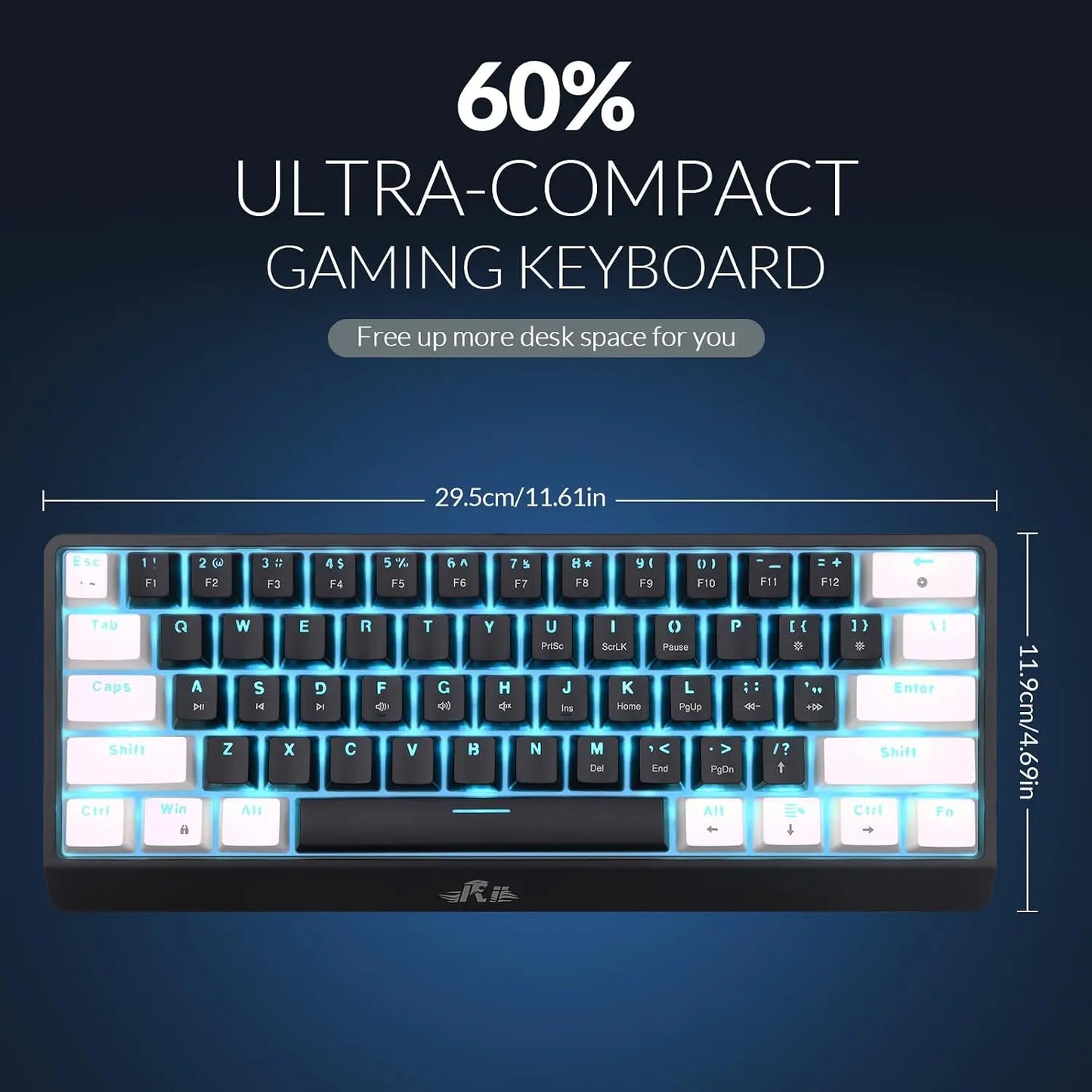Rii RK806 60% Mechanical Gaming Keyboard,61 Keys Compact Wired Keyboard with Blue Backlight,Clicky Blue Switch,Anti-ghosting