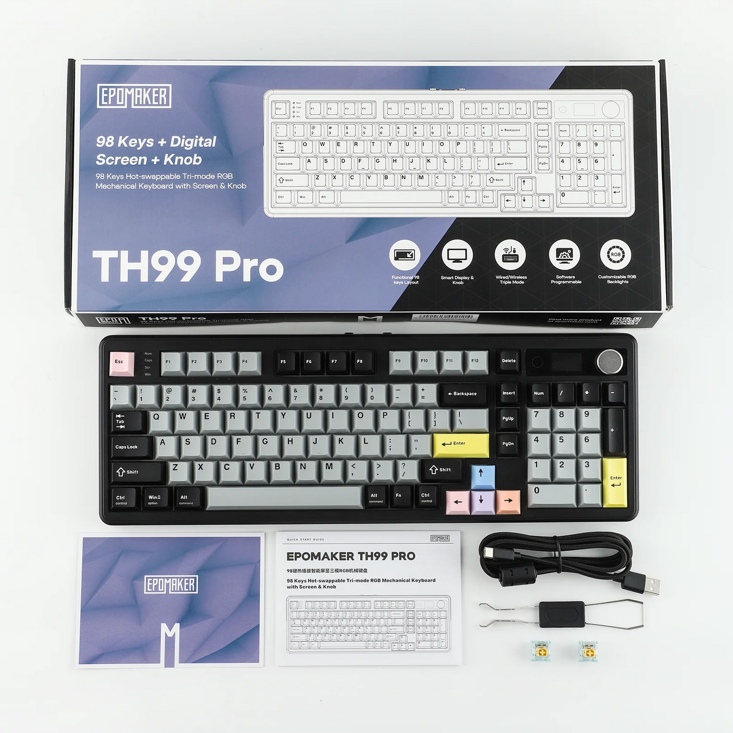 EPOMAKER TH99 PRO 96% ANSI US Layout Gasket-Mounted Wired/BT/2.4Ghz Wireless Mechanical Gaming Keyboard with Screen & Knob