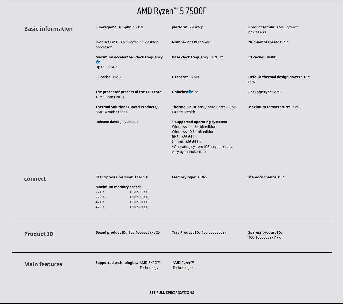 AMD Ryzen 5 7500F CPU AMD R5 7500F Processor Up to 5GHz 6-Core 12-Thread Socket AM5 Desktop Gaming CPU for PC Gamer