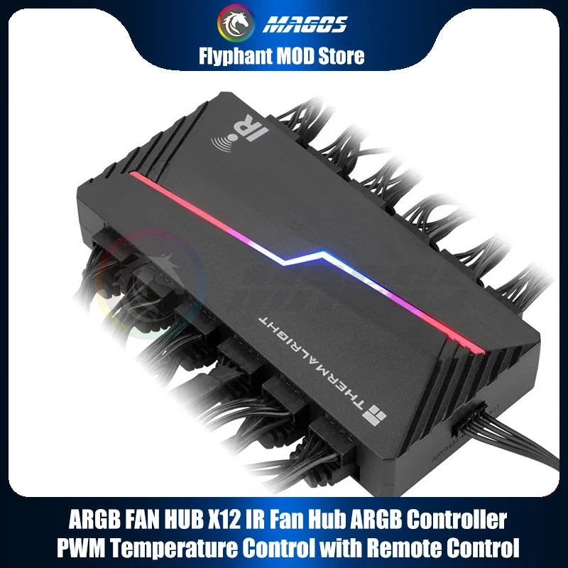 Thermalright ARGB and FAN HUB X12 IR Black, 3Pin ARGB +4Pin PWM 2 In 1 Temperature Control with Remote Control