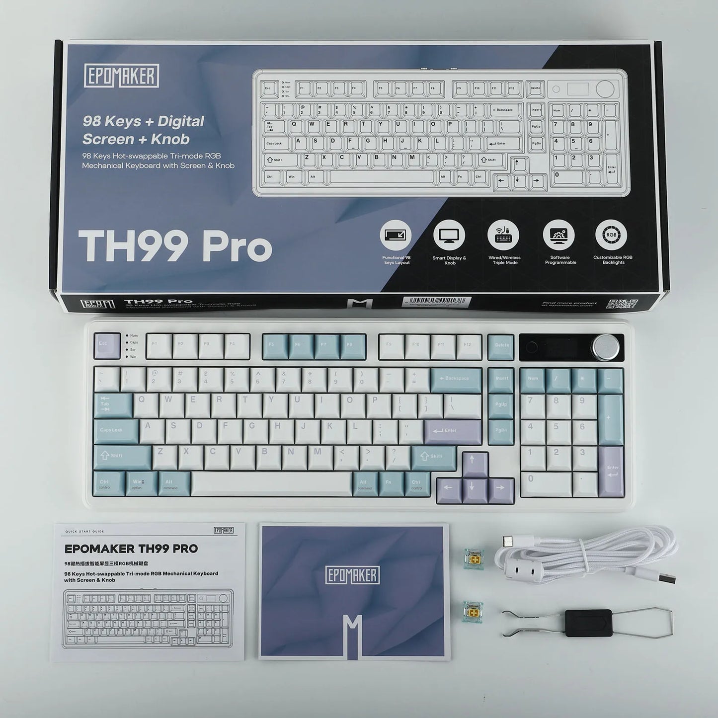 EPOMAKER TH99 PRO 96% ANSI US Layout Gasket-Mounted Wired/BT/2.4Ghz Wireless Mechanical Gaming Keyboard with Screen & Knob