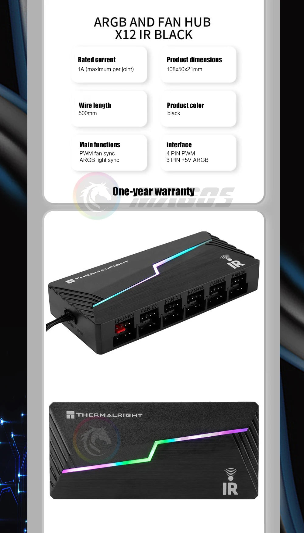 Thermalright ARGB and FAN HUB X12 IR Black, 3Pin ARGB +4Pin PWM 2 In 1 Temperature Control with Remote Control