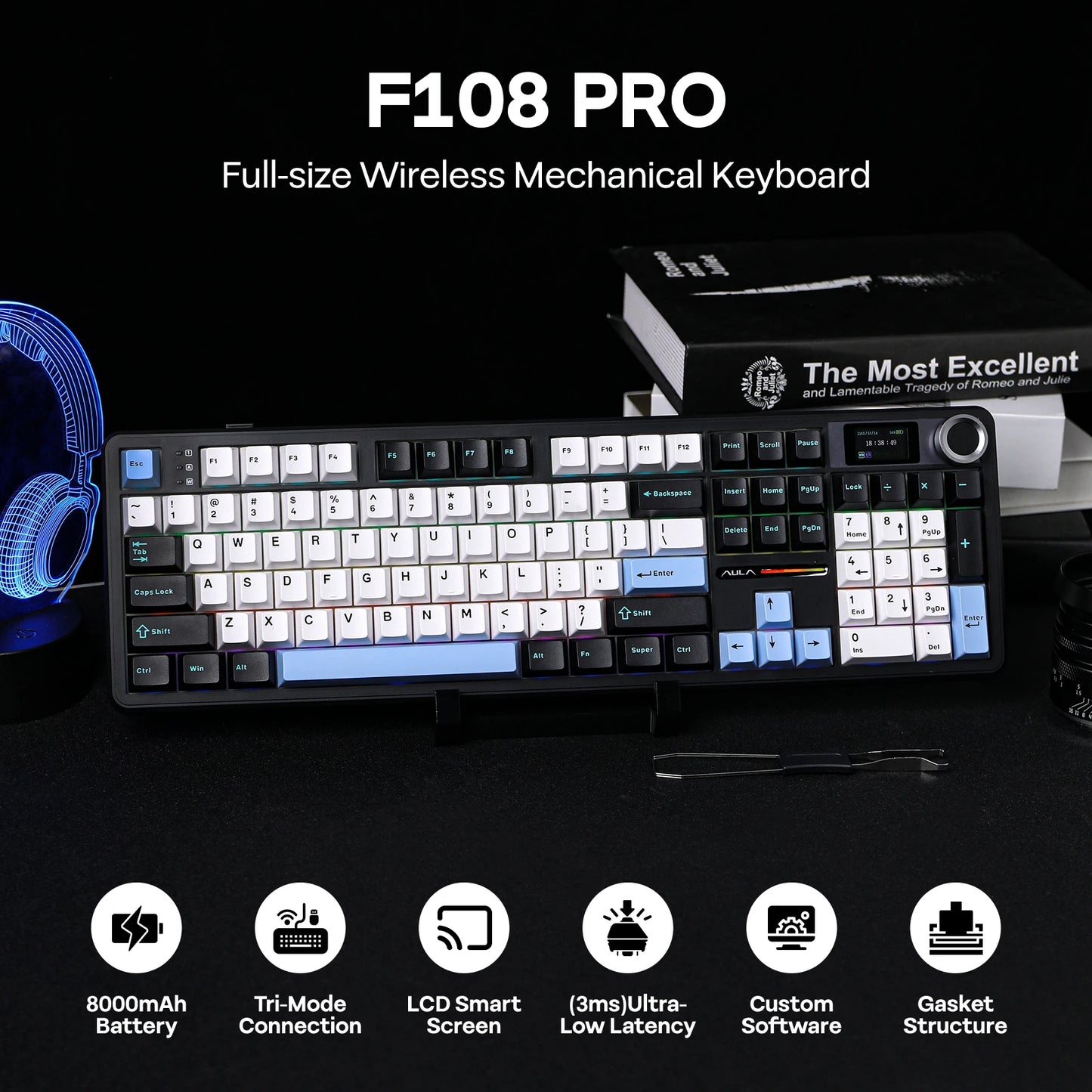 EPOMAKER X AULA F108 PRO Full Size 100% ANSI Layout Hot Swap Wired/2.4GHz/Bluetooth Wireless Mechanical Keyboard RGB Backlight