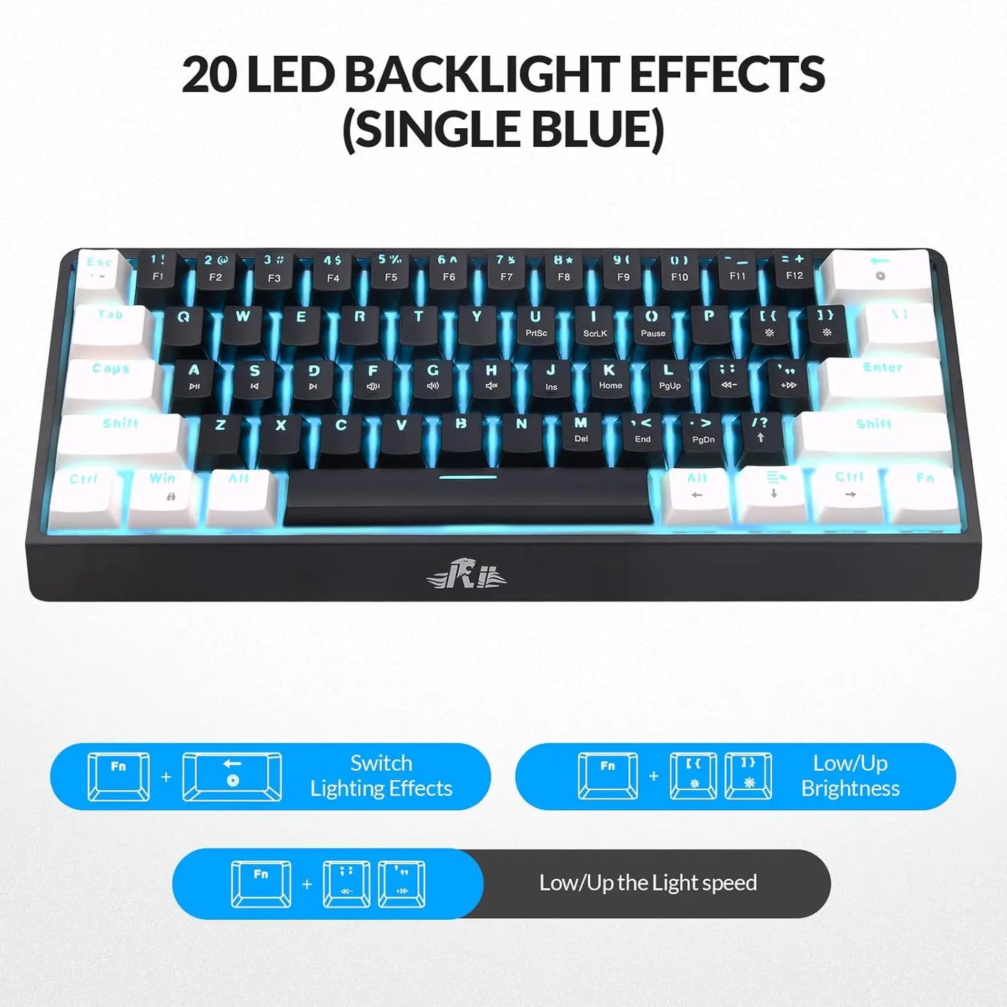 Rii RK806 60% Mechanical Gaming Keyboard,61 Keys Compact Wired Keyboard with Blue Backlight,Clicky Blue Switch,Anti-ghosting
