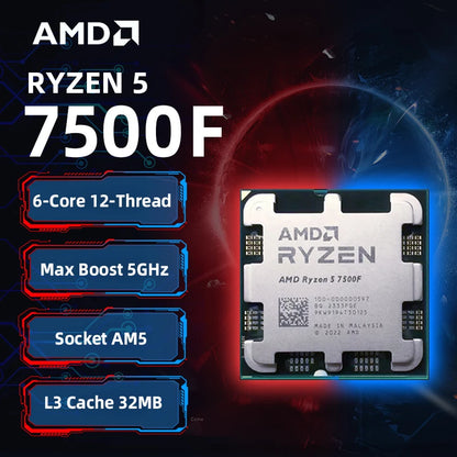 AMD Ryzen 5 7500F CPU AMD R5 7500F Processor Up to 5GHz 6-Core 12-Thread Socket AM5 Desktop Gaming CPU for PC Gamer