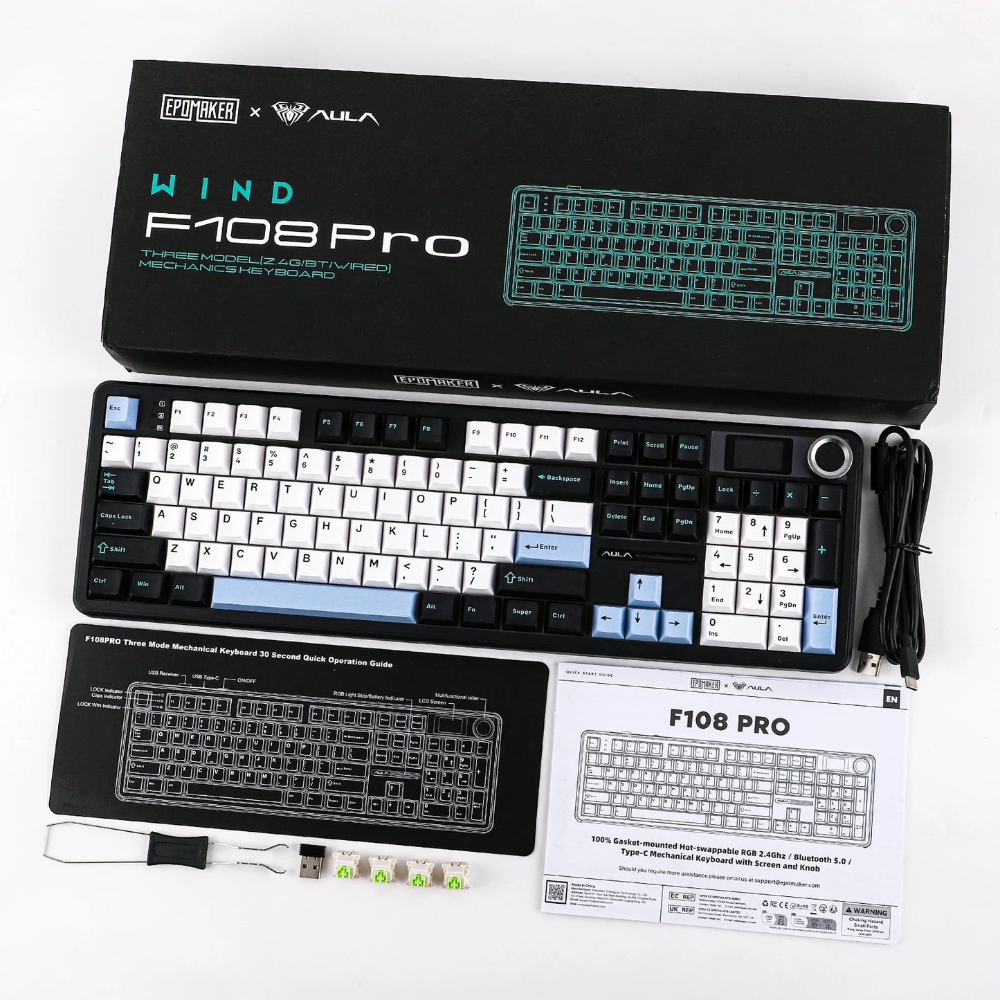 EPOMAKER X AULA F108 PRO Full Size 100% ANSI Layout Hot Swap Wired/2.4GHz/Bluetooth Wireless Mechanical Keyboard RGB Backlight