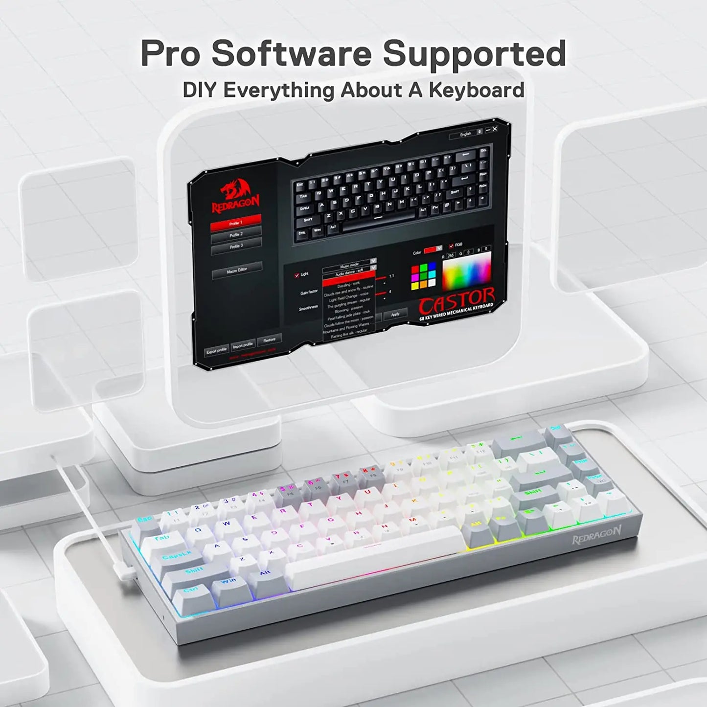 Redragon K631 Gery 65% Wired RGB Gaming Keyboard, 68 Keys Hot-Swappable Compact Mechanical Keyboard