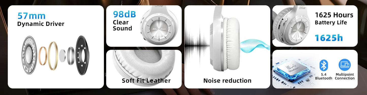 Bluedio 57mm Driver Wireless Headphones With Mic Over Ear Bluetooth 5.4 Headset HiFi Stereo Earphone For Phone PC Sports Office