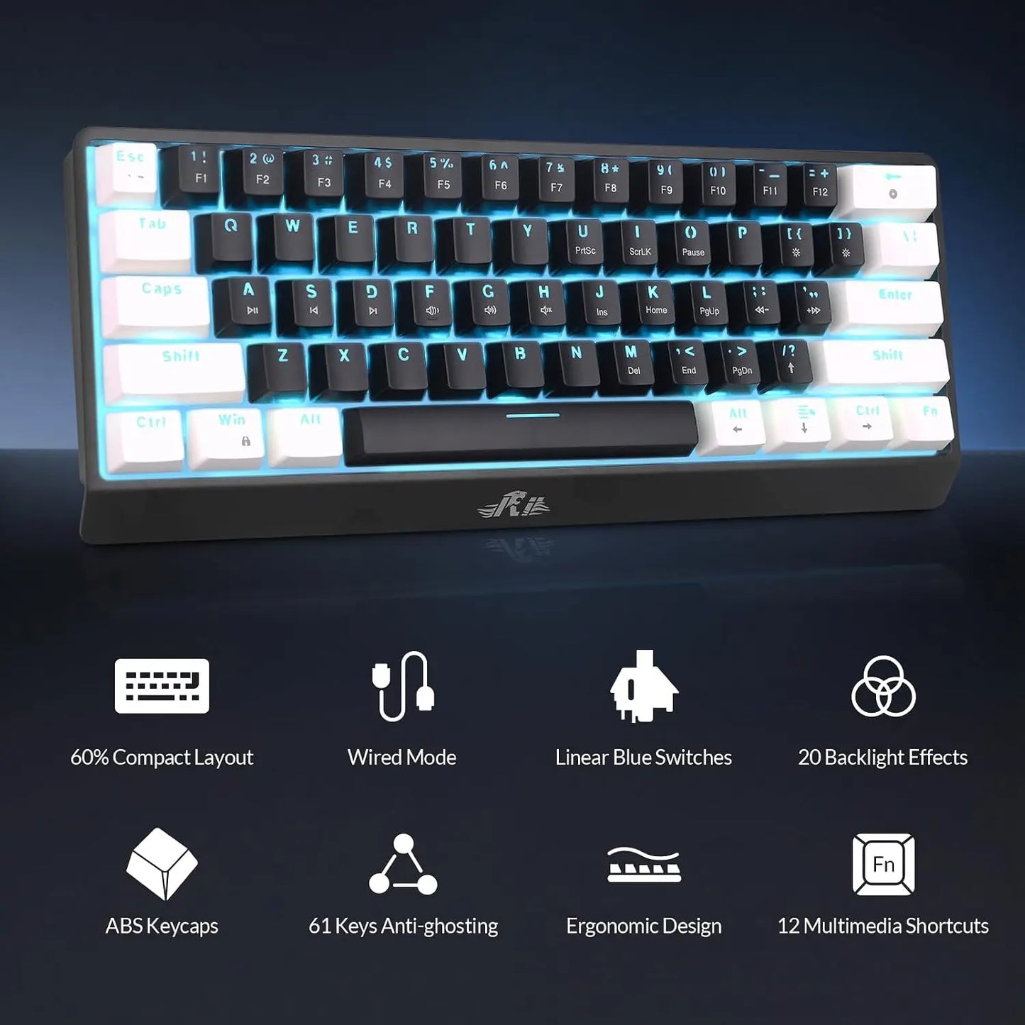 Rii RK806 60% Mechanical Gaming Keyboard,61 Keys Compact Wired Keyboard with Blue Backlight,Clicky Blue Switch,Anti-ghosting