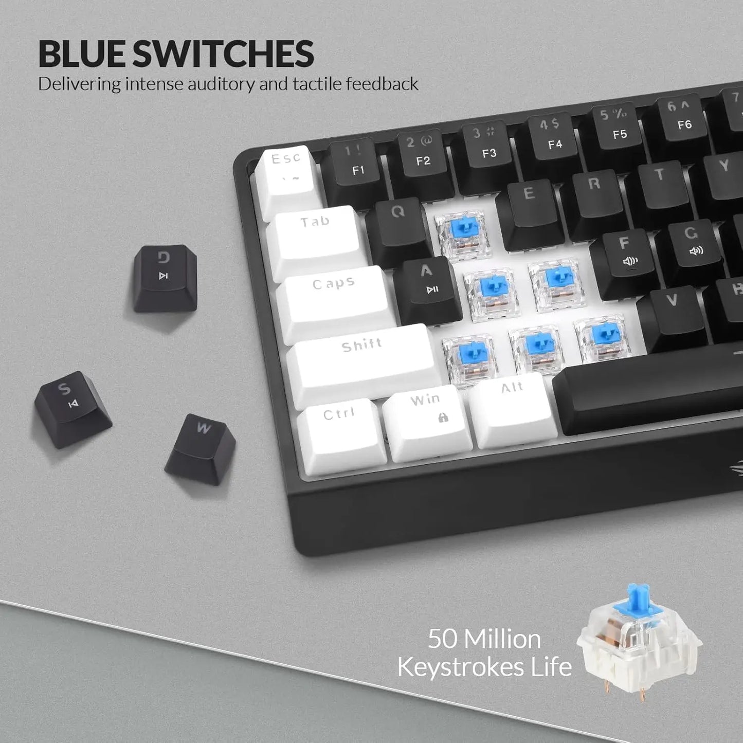 Rii RK806 60% Mechanical Gaming Keyboard,61 Keys Compact Wired Keyboard with Blue Backlight,Clicky Blue Switch,Anti-ghosting