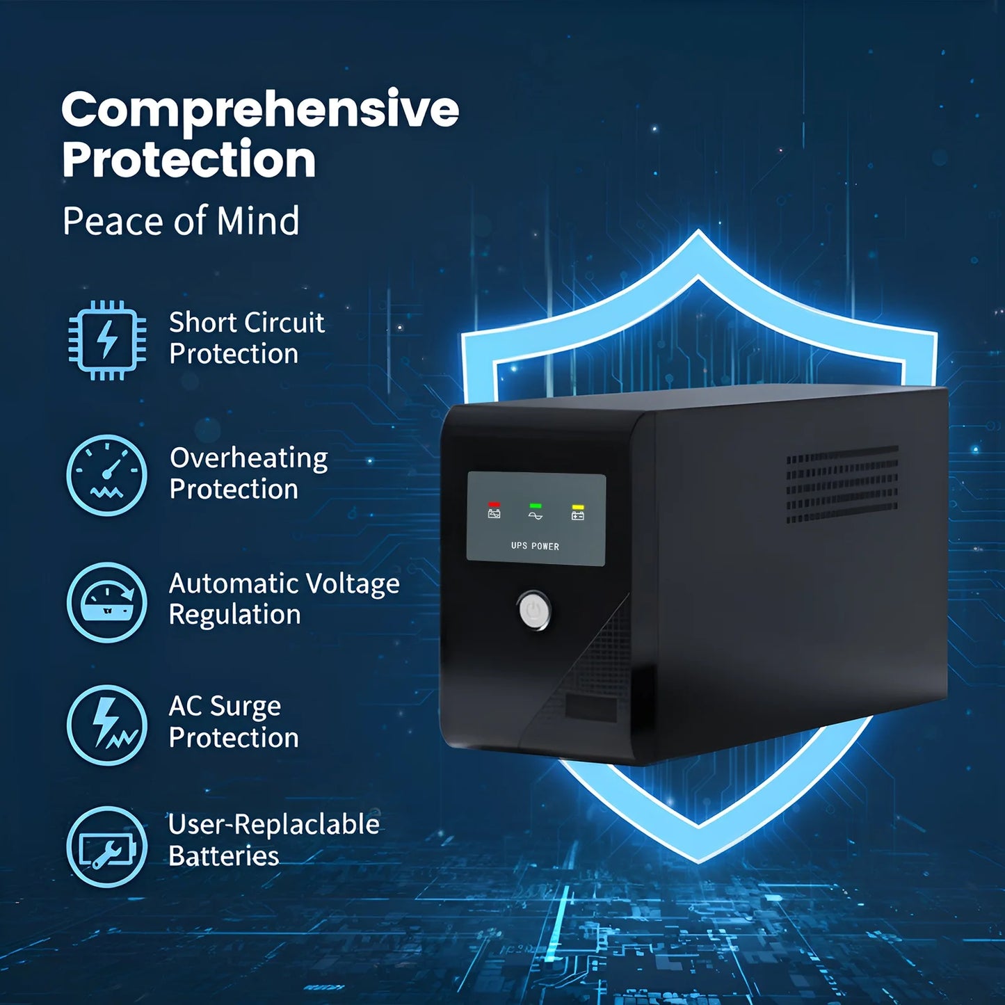 Backup UPS Power Supply 600VA 360W Battery Backup Power Surge Protector Sine Wave with 3 Outlets  for Home and Office