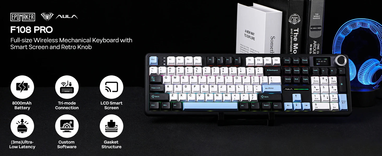EPOMAKER X AULA F108 PRO Full Size 100% ANSI Layout Hot Swap Wired/2.4GHz/Bluetooth Wireless Mechanical Keyboard RGB Backlight