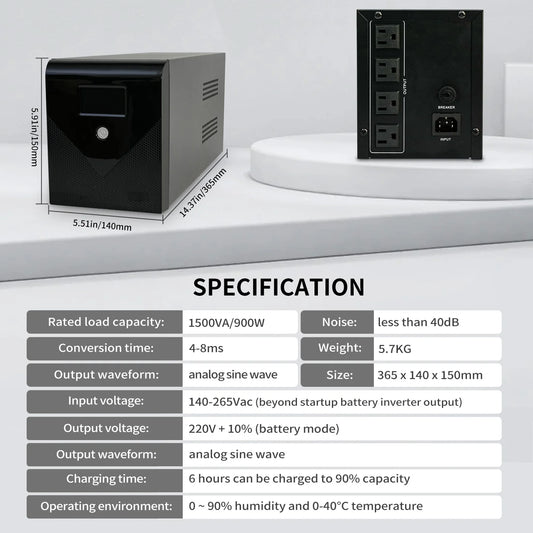 Backup UPS Power Supply 1500VA 900W 120V Battery Backup Power Simulated Sine Wave with 4 Outlets and LCD Display