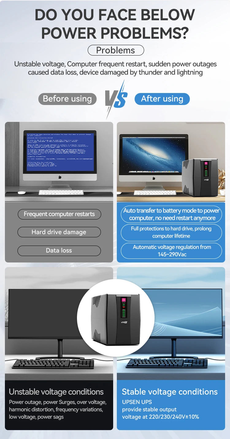 1000VA 220V Offline Uninterruptible Power Supply Smart UPS Battery Backup For Computer Server PC Surge Protector